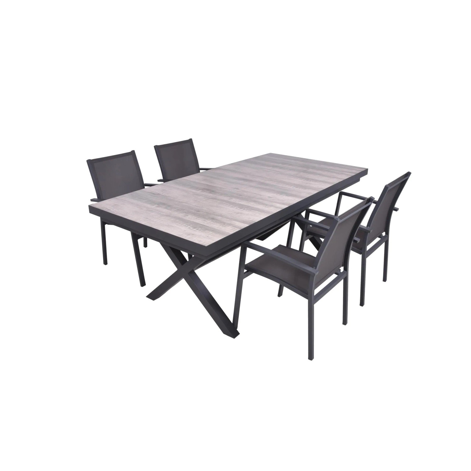 DELUKE Garten-Sitzgruppe JANA 5-tlg. Alu-Keramik Eiche-Optik Grau Gartenmöbel-Set Garten-Essgruppe Stapelstühle D Esstisch