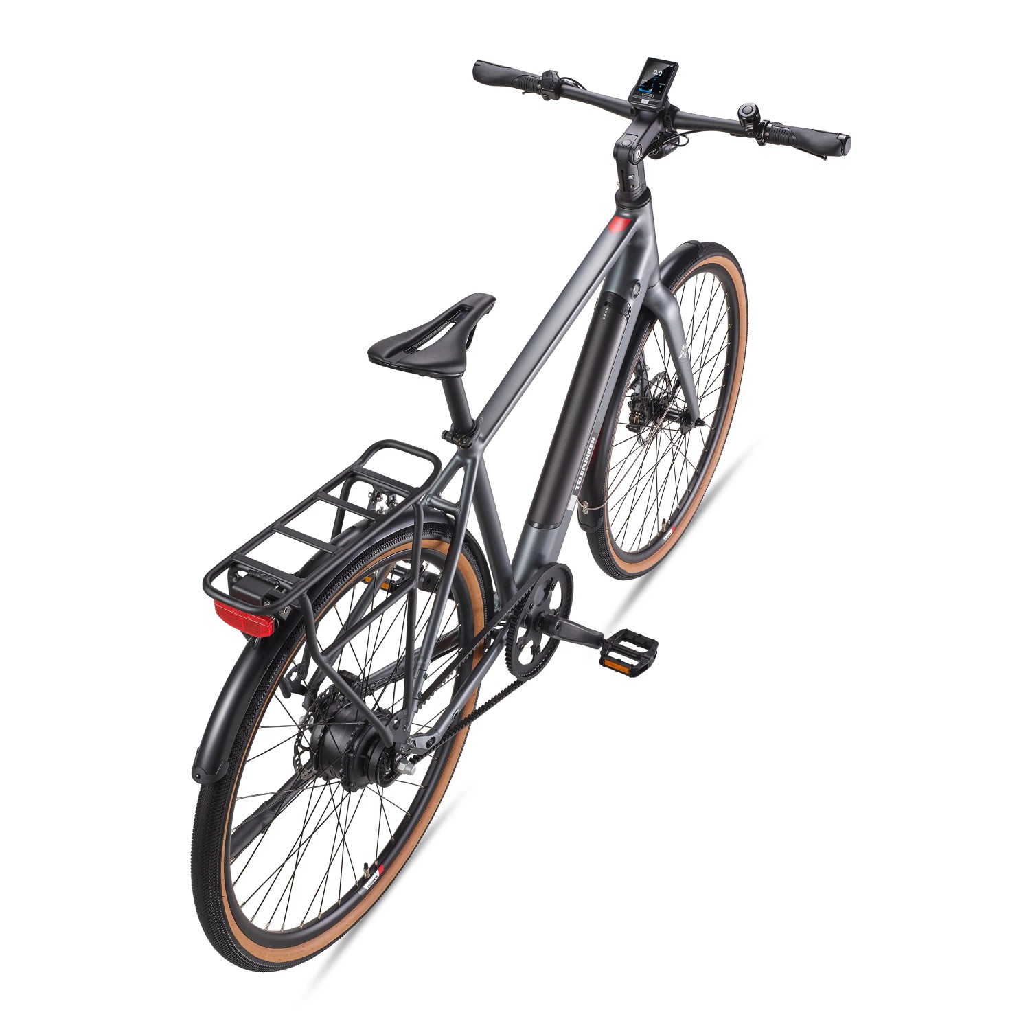 TELEFUNKEN E-Bike UH220 Urban, titangrau, 28 Zoll mit Gepäckträger und Display.