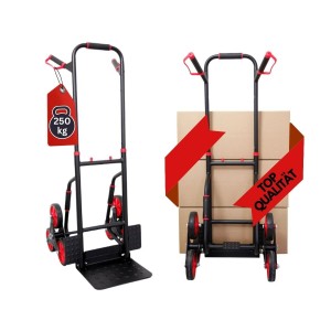 PROREGAL Treppensteiger TAURUS, klappbar, mit Stahlrahmen, roten Rädern und ergonomischen Griffen. Traglast 250kg.