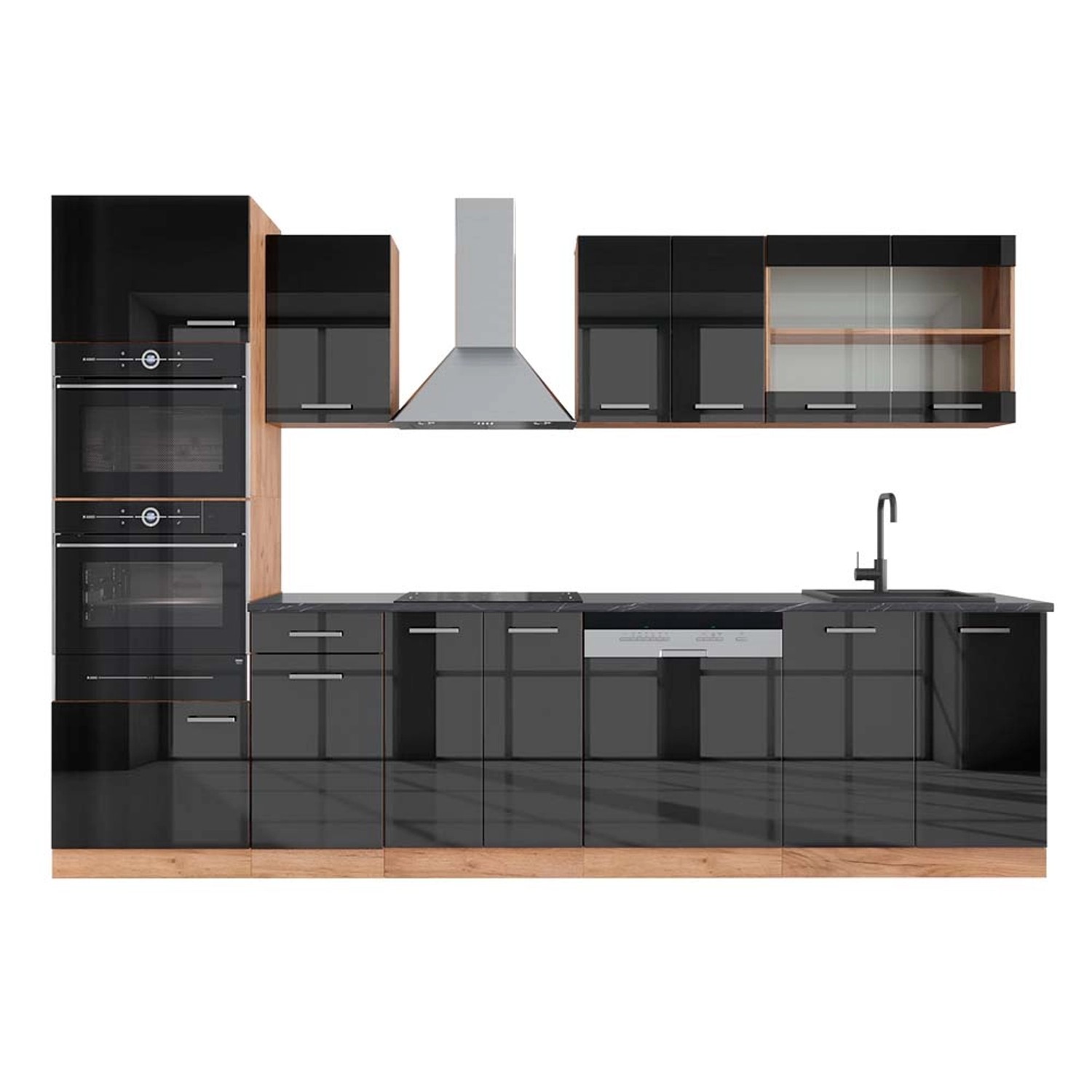Vicco R-Line Küchenzeile Anthrazit Hochglanz/Goldkraft Eiche 300 cm mit Hoc günstig online kaufen