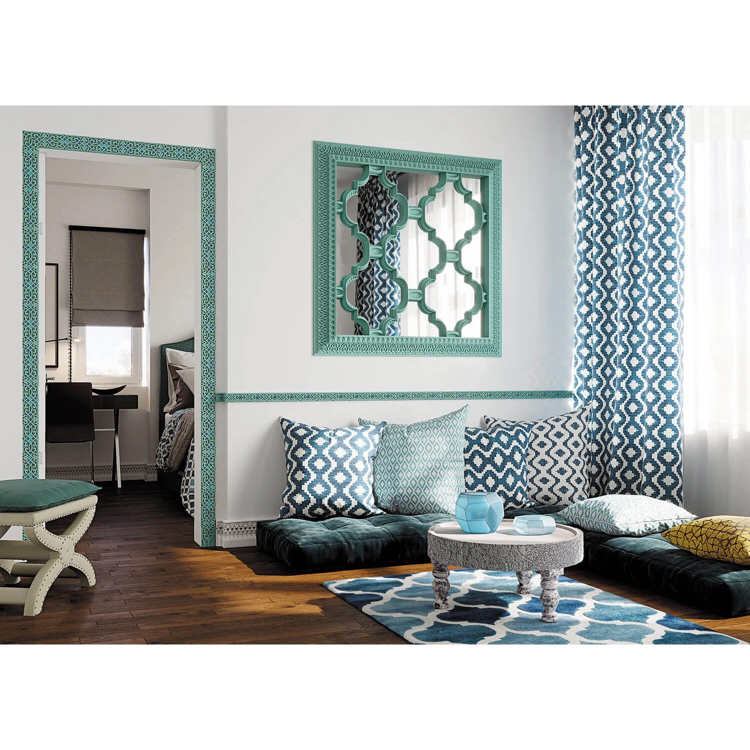 Raum mit PROFHOME Zierleiste im orientalischen Stil, weiß, 2m x 6cm x 12,1cm.