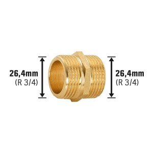 Gewinde-Doppelnippel aus Messing, 26,4 mm (R 3/4) für Trinkwasser- und Heizungsrohre.