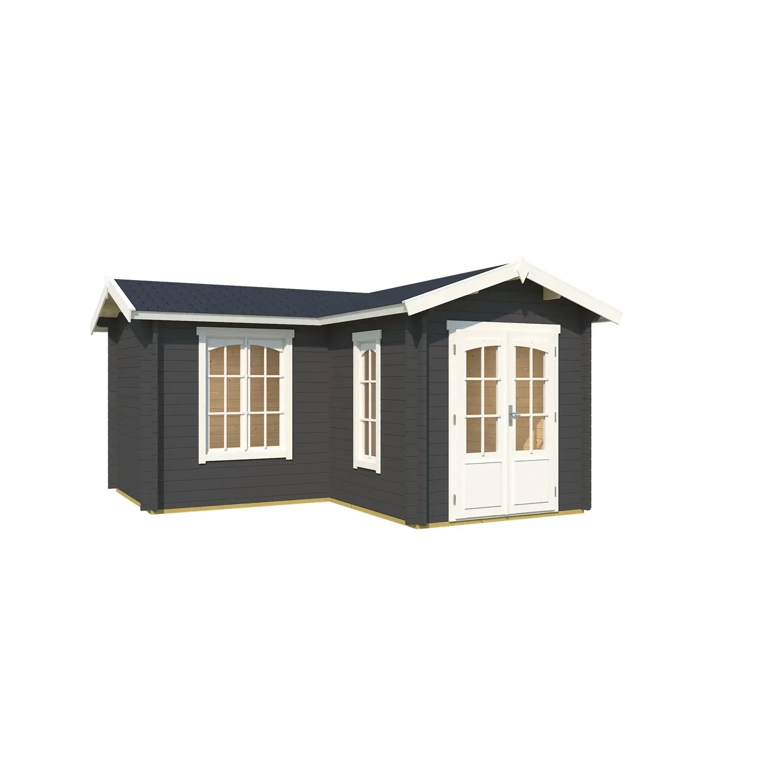 Carbongraues Lasita Maja Gartenhaus Portsmouth 44 mit weißen Fenstern und Doppeltür.