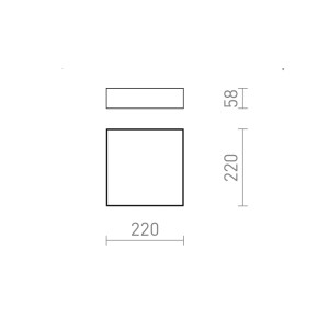 Maßzeichnung der Rendl LARISA SQ 22 quadratischen LED-Deckenleuchte, schwarz, 220x220x58 mm.