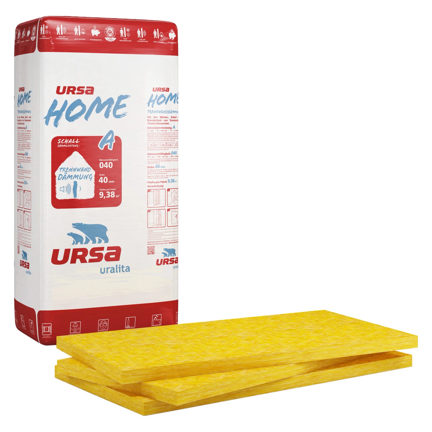 Ursa Home Trennwand-Platte, 100mm, WLG 040, Palette mit Dämmstoffplatten.