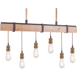 Rustikale Pendelleuchte Mucha mit sechs Edison-Glühbirnen an Holzbalken und Seilaufhängung.