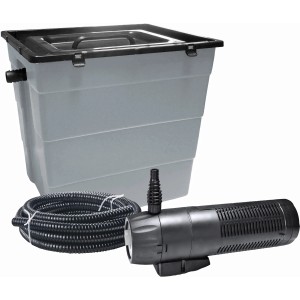 Heissner Durchlauffilter-Set HLF 6000 mit UVC-Klärer für Teiche bis 6.000 l, bestehend aus Filter, Pumpe und Schlauch.