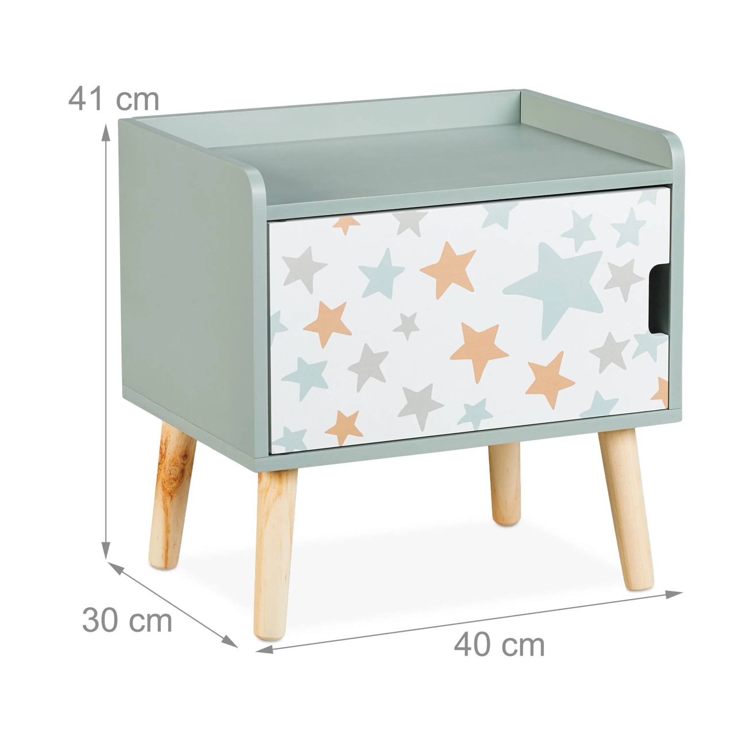 Grüner Relaxdays Kindernachttisch aus MDF mit Holzbeinen und buntem Sternen-Staufach für das Kinderzimmer.