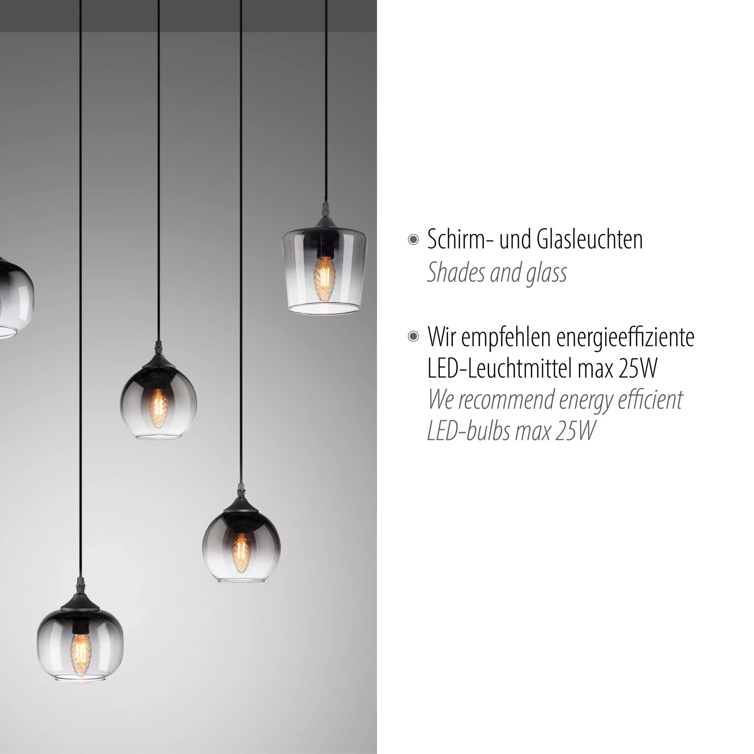 Schwarze 6-flammige Pendelleuchte Zea mit Rauchglas-Schirmen, Teil der OBI Pendelleuchten-Kollektion.