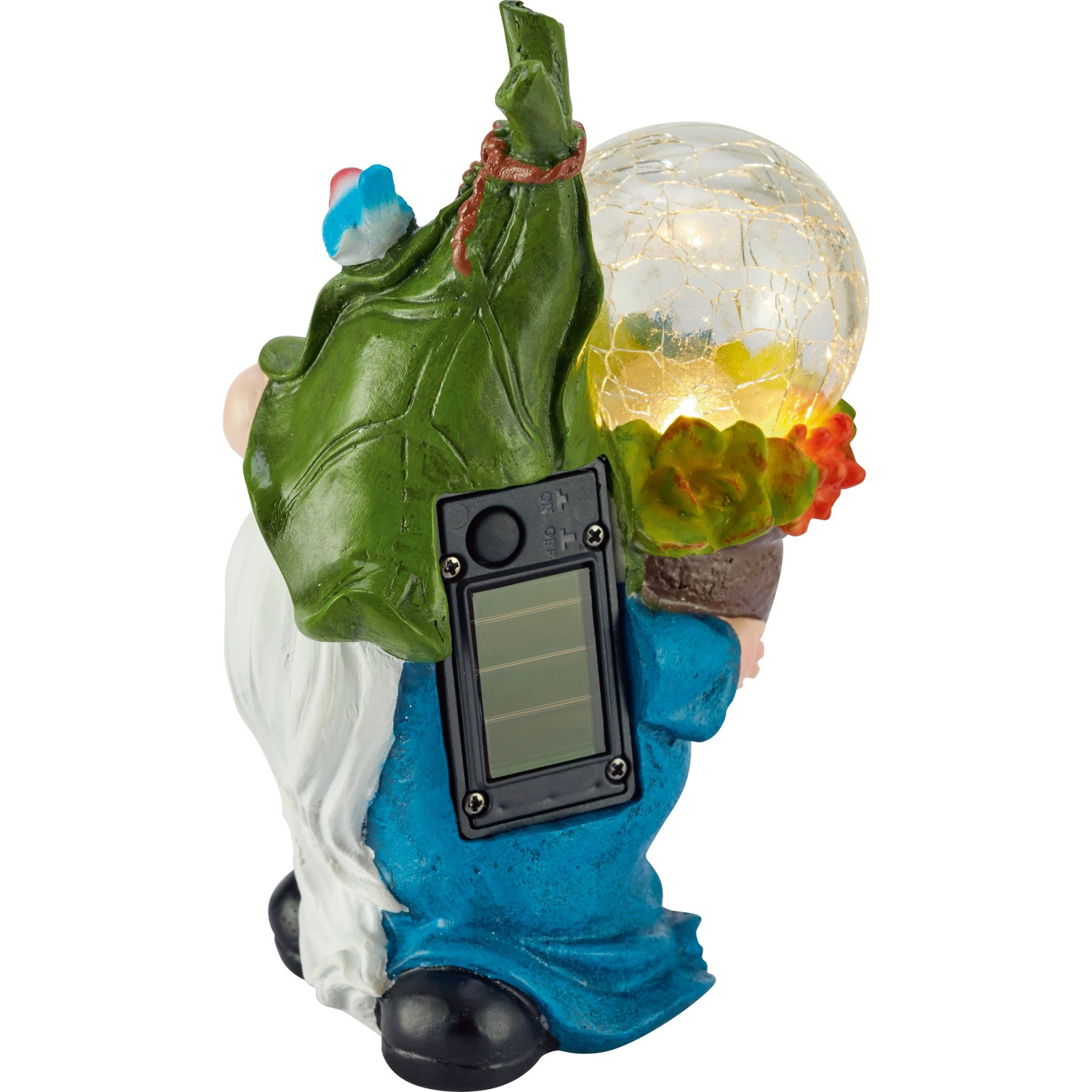 Blauer LED Solar-Deko Zwerg mit leuchtender Glaskugel, 17,4 cm hoch.