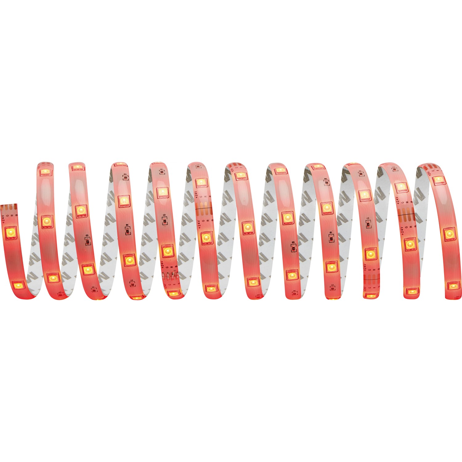 Aufgerolltes LED-Flexband RGB, 5 m, mit Fernbedienung. LED-Streifen mit roten LEDs.