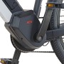 Detailaufnahme: AEG Mittelmotor und Pedal des Prophete Trekking E-Bike Entdecker 5.0, schwarz-silber matt.