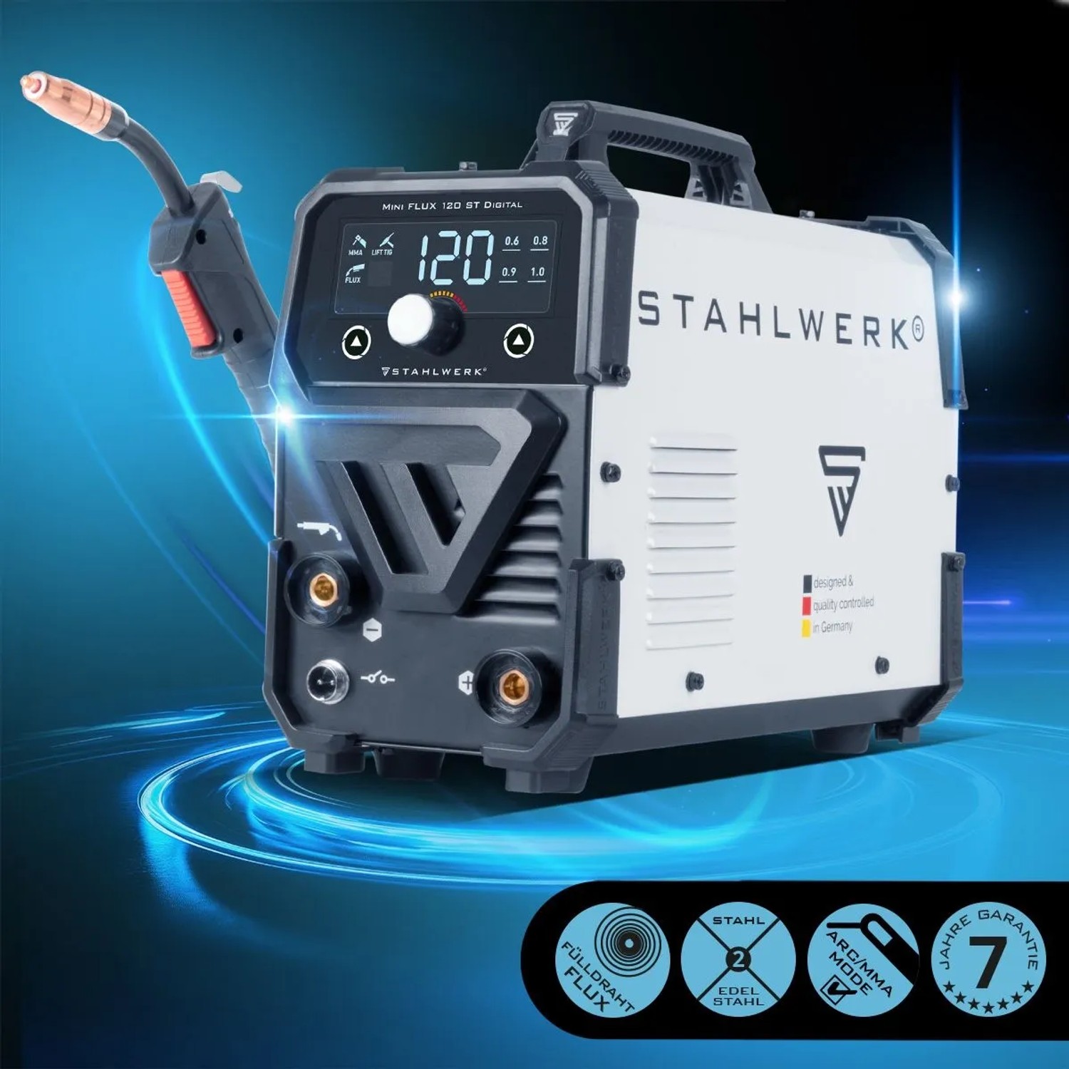 STAHLWERK Schweißgerät FLUX 120 ST Digital mit Zubehör. Kompaktes Schweißgerät für FLUX, Lift-TIG und MMA.