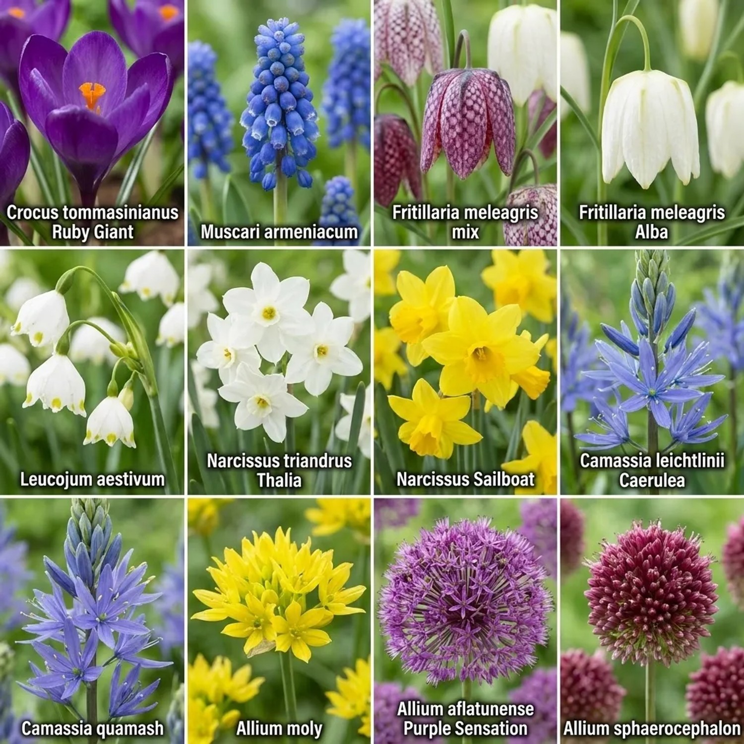 Vielfältige Blumenzwiebeln für den Teichrand: Krokusse, Muscari, Narzissen, Allium in bunten Farben. Blühpflanzen.