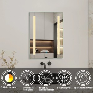Aica Sanitär Badspiegel 60x80 cm Drei Lichtfarbe Dimmbar Memory Touch Wandschalter Beschlagfrei Neutral-Warm-Kaltweiß Spiegel mit LED Beleuchtung