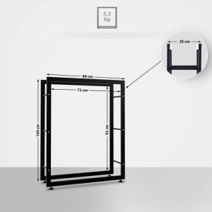 Schwarzes DELUKE Kaminholzregal aus Metall, Innenbereich, 25x80x100cm, mit Maßen.