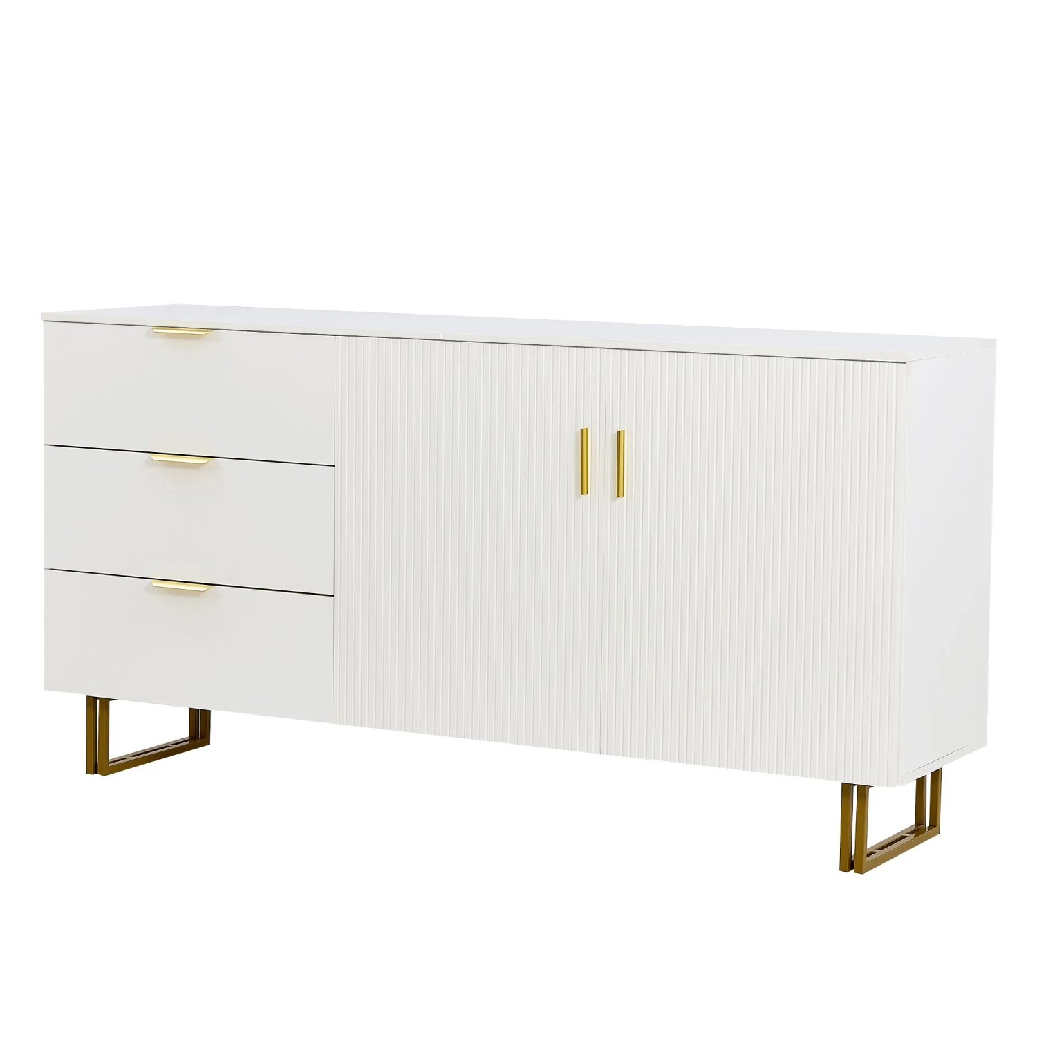okwish Sideboard mit 2 Türen 3 Schubladen Wohnzimmer 160x40x81cm Weiß Gold