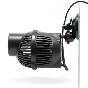 Schwarze Sunsun Jvp-102A Strömungspumpe mit Gitter, per Saugnapf am Aquariumglas befestigt. Für optimale Wasserzirkulation.