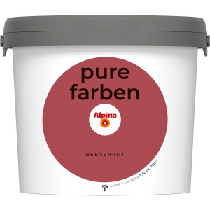 Alpina Wandfarbe Pure Farben Beerenrot, 2,5 l, im weißen Eimer mit grauem Deckel.