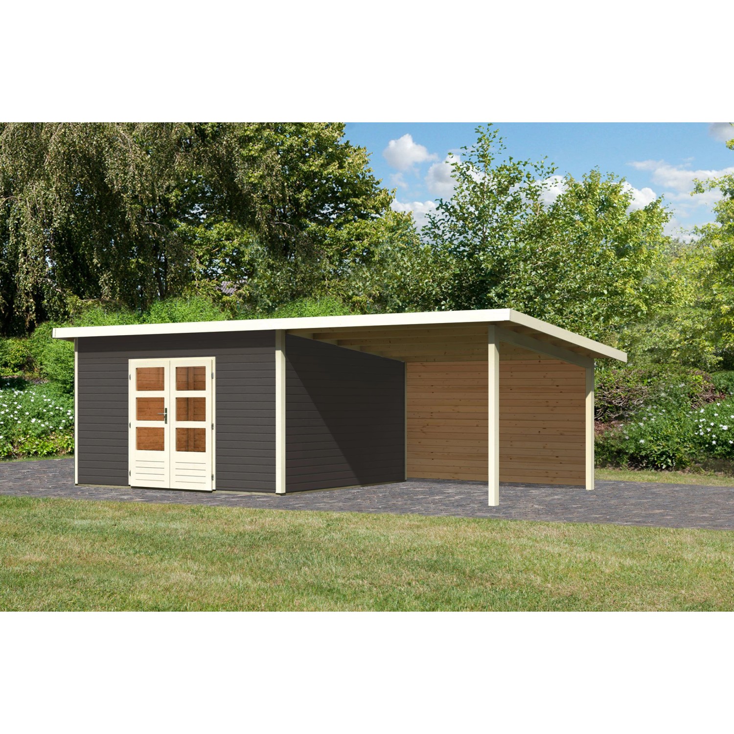 Karibu Holz-Gartenhaus Karlskoga 5 Terragrau Pultdach Lackiert 365 cm x 365 günstig online kaufen