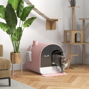 Rosa PawHut Katzentoilette mit Deckel und Streuschaufel. Katze verlässt das Katzenklo.