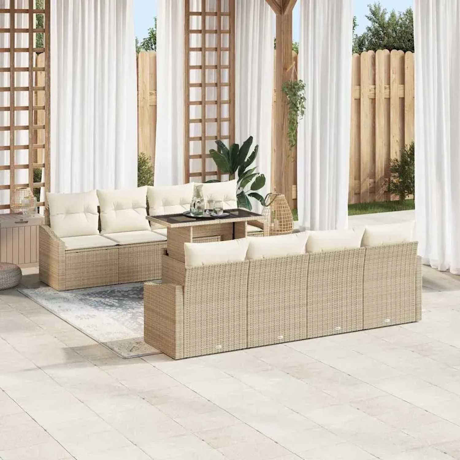 Beiges 9-teiliges vidaXL Garten-Sofa-Set aus Poly Rattan mit Tisch und Stauraum.