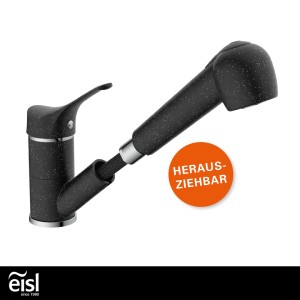 Eisl Spültischarmatur Granit Schwarz mit Geschirrbrause, herausziehbar für flexible Küchenarbeit.