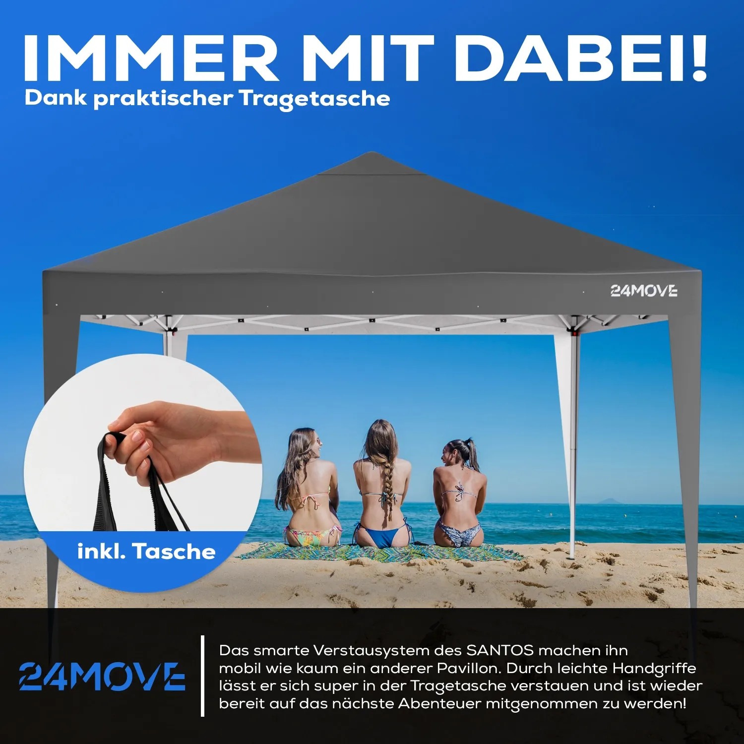 Grauer 24MOVE Pavillon 3x3m mit UV-Schutz, wasserdicht, winterfest und Tragetasche am Strand.