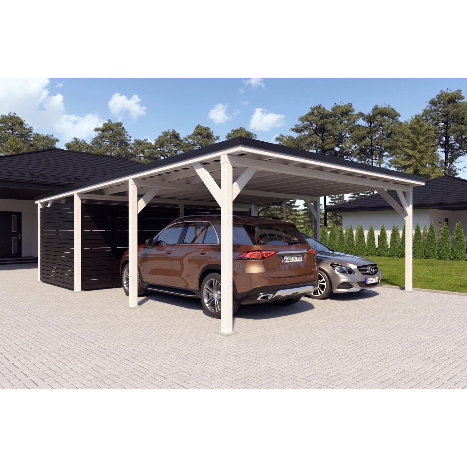 Holzbrüder Carport Ralf 52m² mit Geräteraum Reinweiß-Schwarz günstig online kaufen