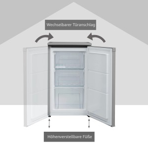 Telefunken Gefrierschrank mit geöffneter Tür, 3 Schubladen, höhenverstellbaren Füßen und wechselbarem Türanschlag.