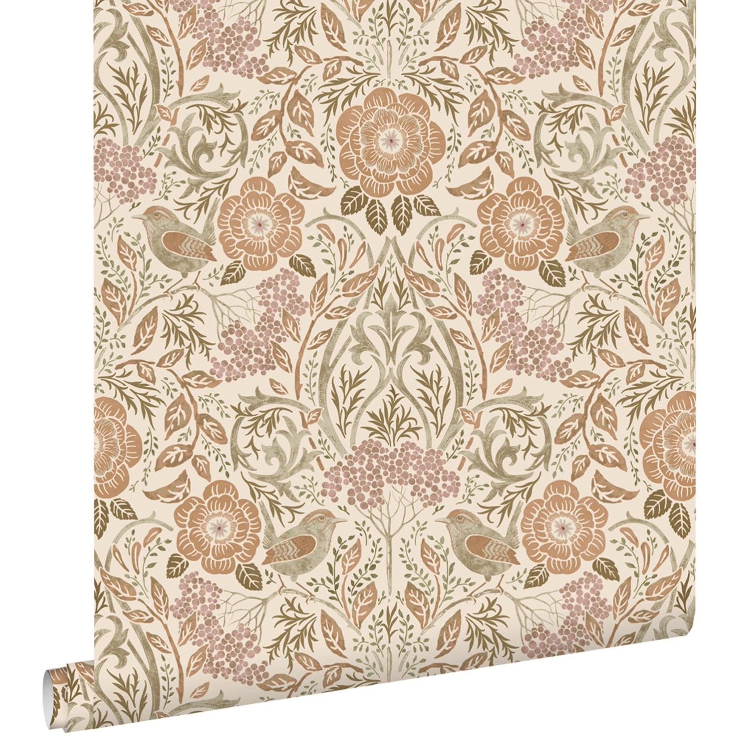 ESTAhome Tapete Blumen und Vögel im Jugendstil Sandbraun Beige und Altrosa günstig online kaufen