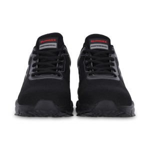 Zwei schwarze Eliworx Onyx Pro S1 PL Herren Sicherheitsschuhe, frontal, mit atmungsaktivem Mesh-Obermaterial und Schnürsenkeln.