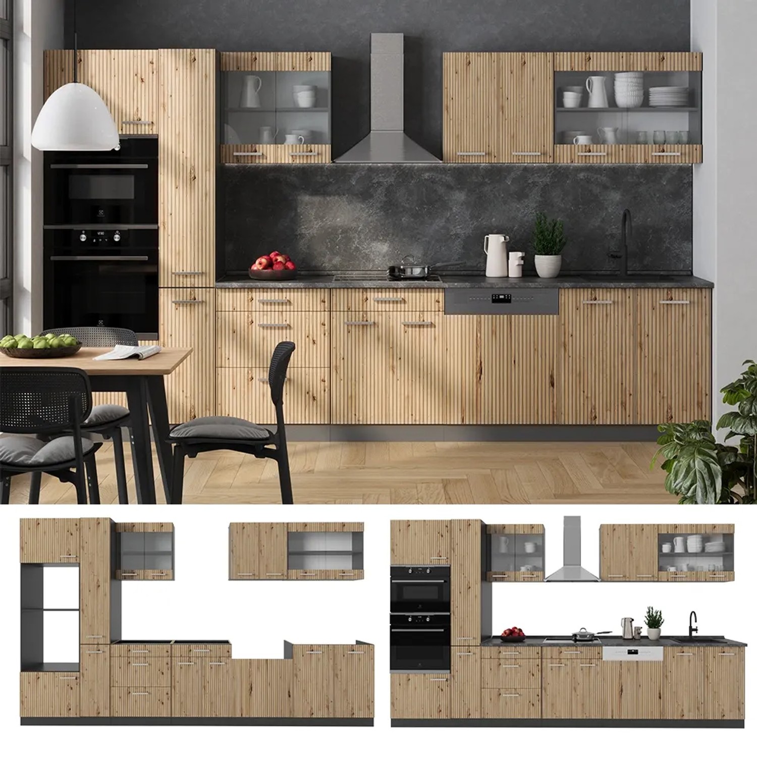 Vicco R-Line Küche in Artisan Eiche/Anthrazit, 350 cm breit, mit Hochschrank.