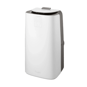 Weißes, mobiles De'Longhi Klimagerät PAC-AP140i mit Fernbedienung.