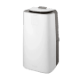 Weißes, mobiles De'Longhi Klimagerät PAC-AP140i mit Fernbedienung.