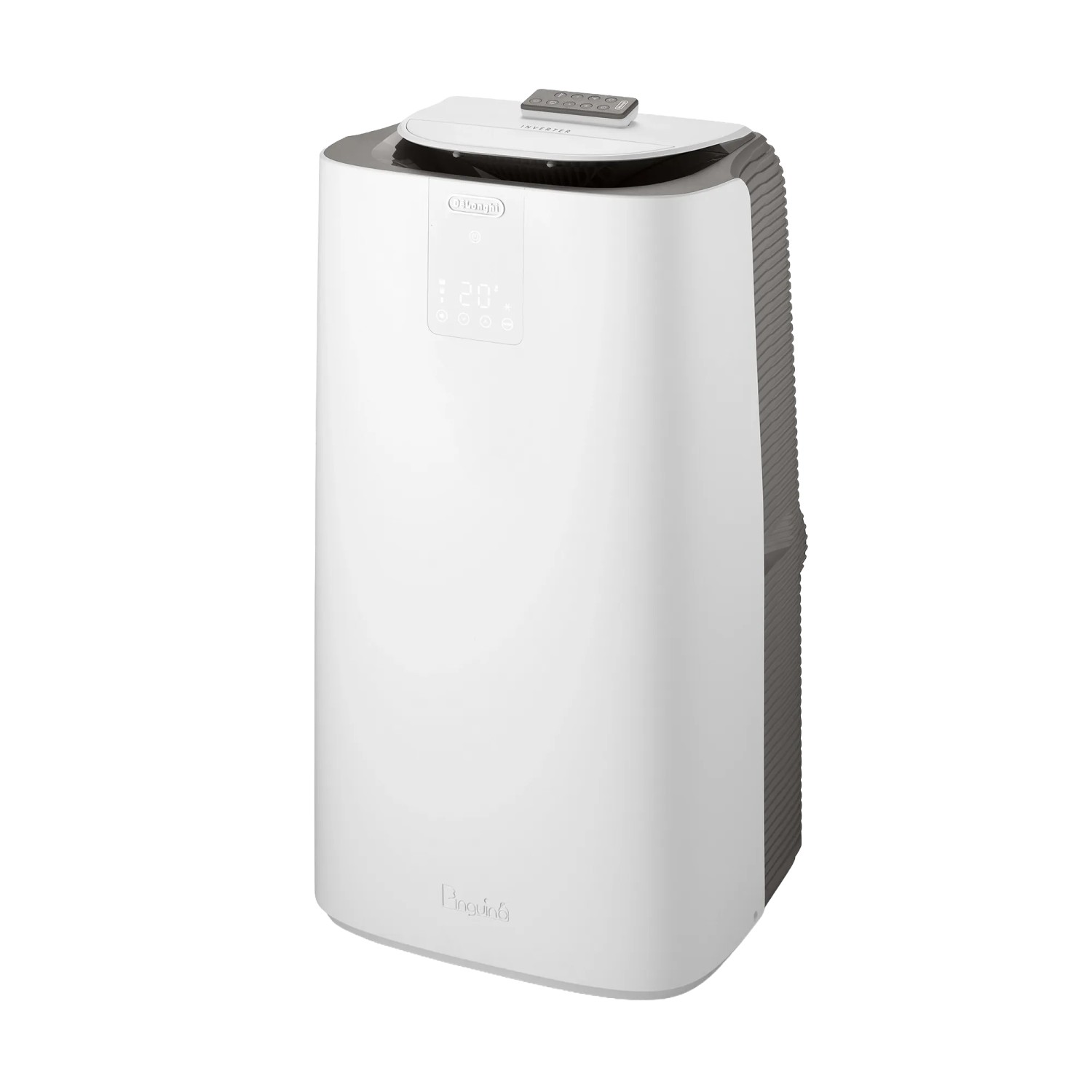 Weißes, mobiles De'Longhi Klimagerät PAC-AP140i mit Fernbedienung.