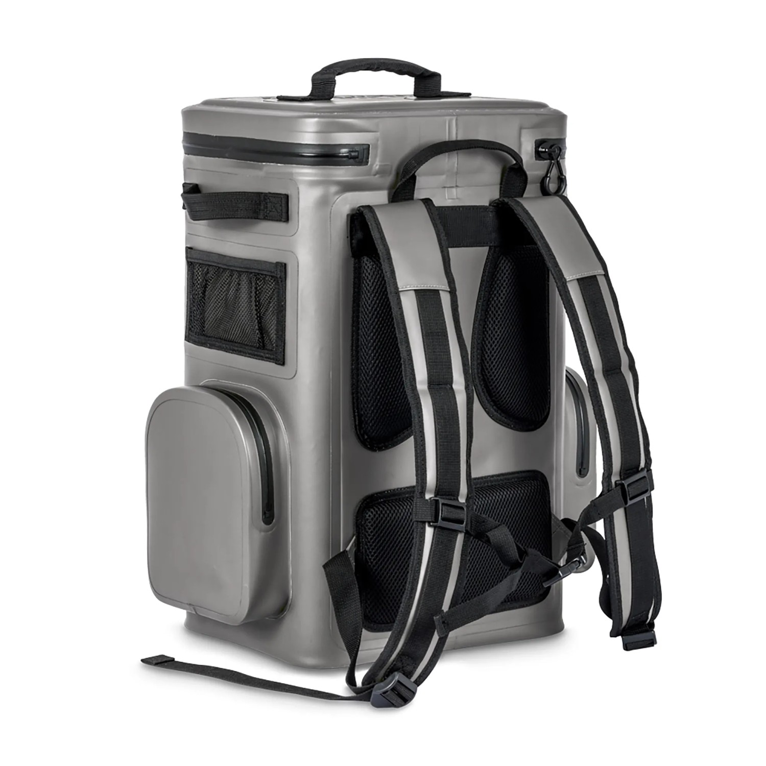 Grauer Petromax Kühlrucksack (7 l) mit Tragegurten und Fächern für Outdoor-Aktivitäten.