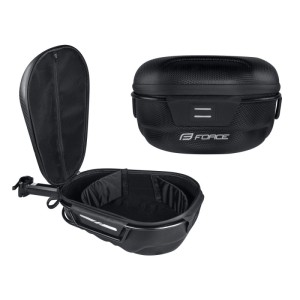 Force Sattel Koffer Crust XL: Fahrradtasche Hartschale mit Halterung, offen und geschlossen.