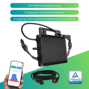 MyVoltaics Balkonkraftwerk 880W: Wechselrichter mit Kabel und Smartphone-App zur Ertragsüberwachung.