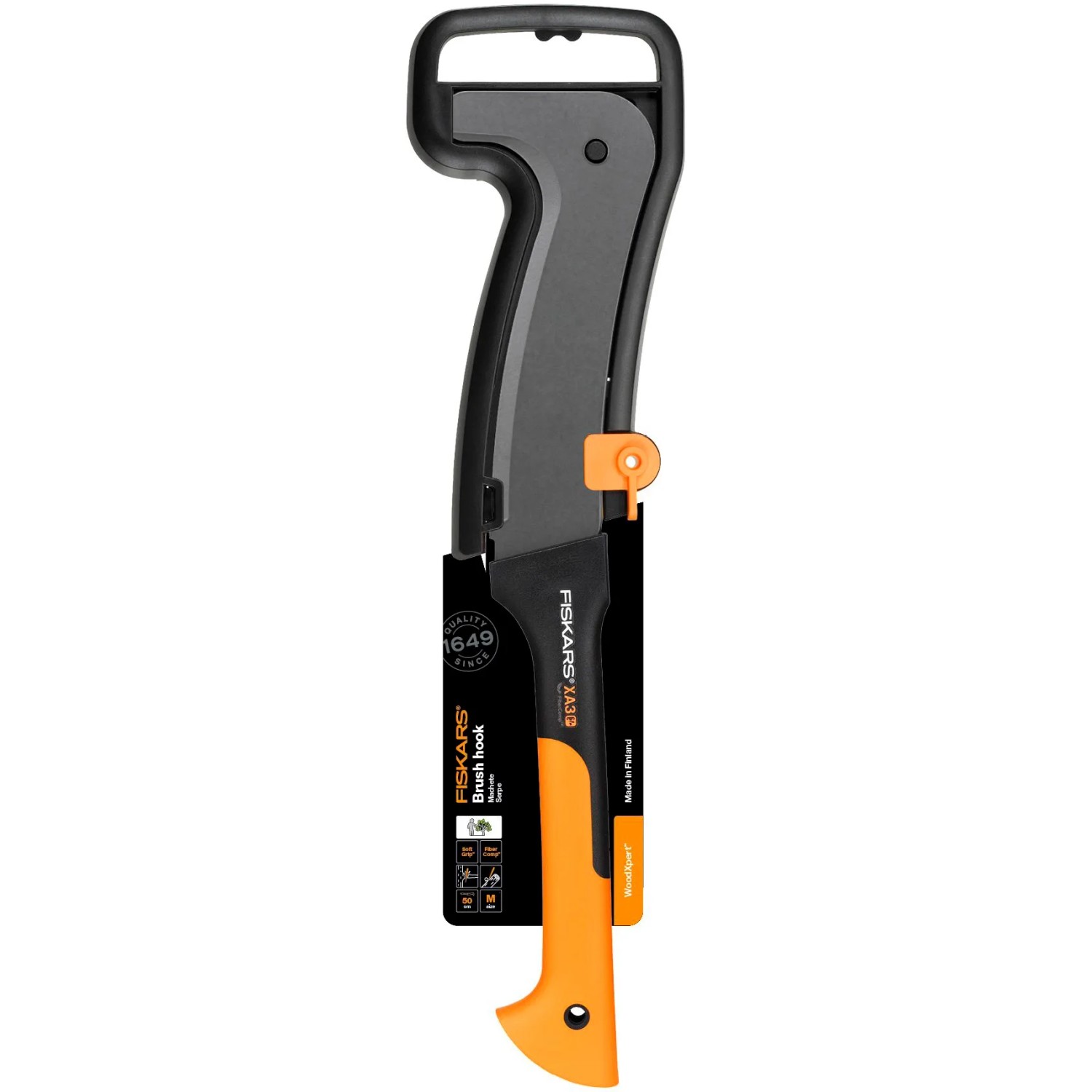 Fiskars WoodXpert XA3 Machete für Äste bis 50mm Durchmesser, Gartensäge mit gebogener Klinge und orangem Griff.