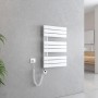Weißer, elektrischer Emke Badheizkörper 50x76cm mit Thermostat und Timer als Handtuchwärmer.