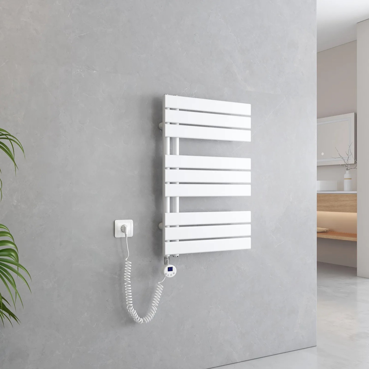 Weißer, elektrischer Emke Badheizkörper 50x76cm mit Thermostat und Timer als Handtuchwärmer.
