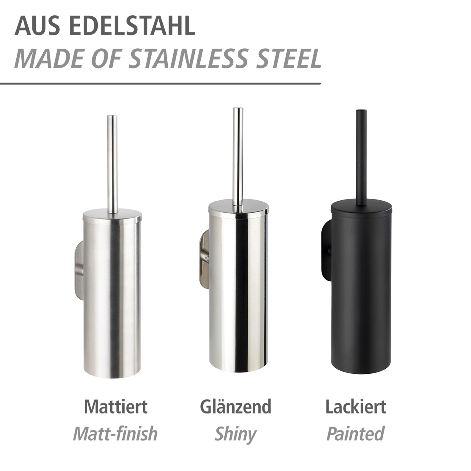 Wenko WC-Garnitur Orea: Edelstahl, matt, glänzend und lackiert, zur Wandmontage ohne Bohren.