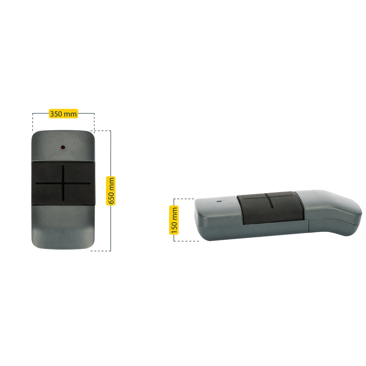 Schellenberg Funk-Handsender Powerlift 4-Kanal für Garagentorantriebe, zwei Ansichten mit Maßangaben.