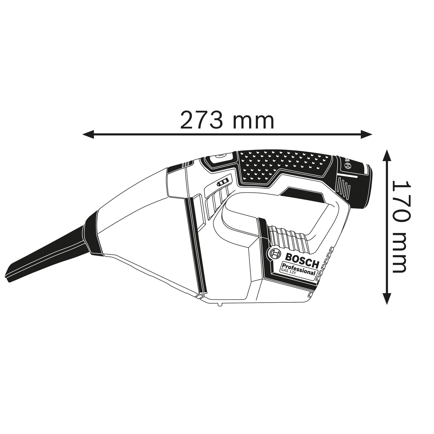 Skizze des Bosch Professional GAS 12 V-LI Akku-Handstaubsaugers mit Maßangaben.