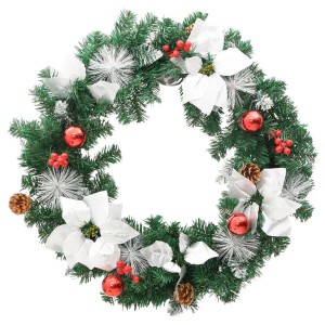 Weihnachtskranz mit LED, grün, 60cm, mit Kugeln, Blüten und Zapfen dekoriert.