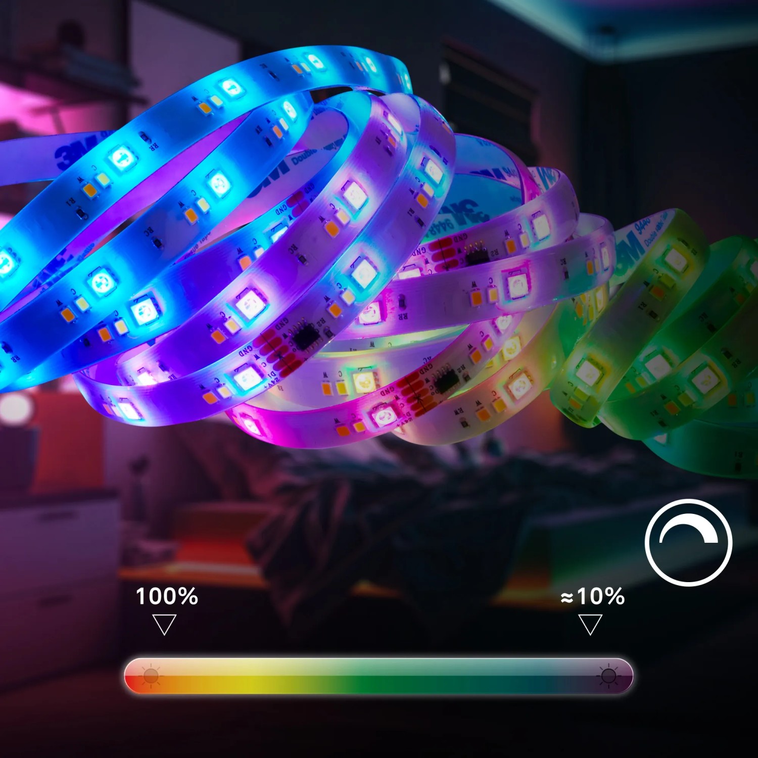 Flexibles Brilo LED-Band RGBIC CCT, 5 m, mit dynamischen Farbwechseln und Dimmfunktion.