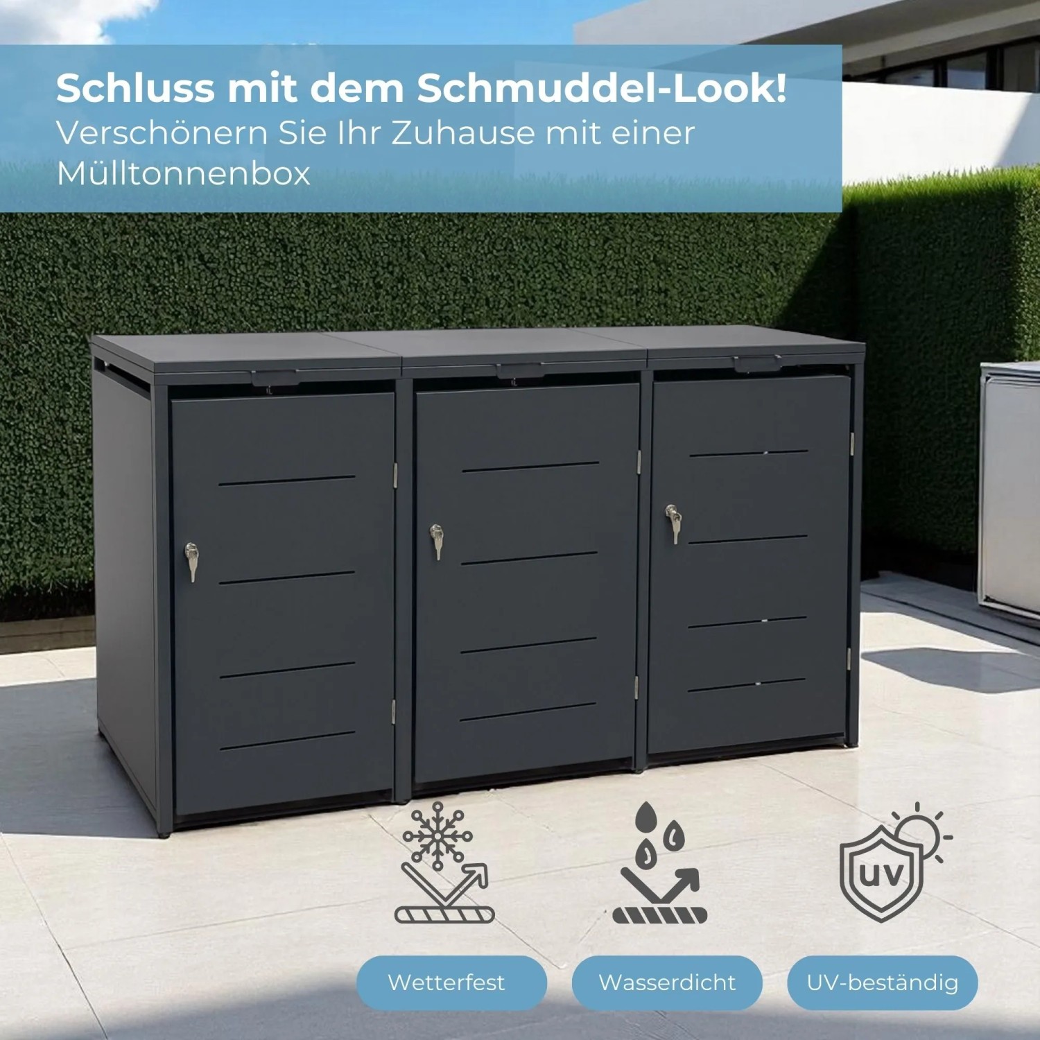 osoltus Metall Mülltonnenbox Conta Anthrazit für 3 Mülltonnen im Garten. Robuste Stahlverkleidung für Ordnung.