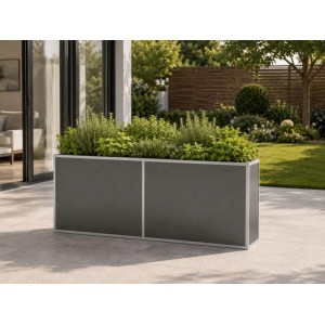 Aluminium-Hochbeet in Anthrazit mit silbernem Rahmen, bepflanzt mit Kräutern auf einer Terrasse. Modernes Metall-Hochbeet.
