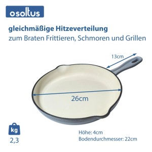 osoltus Gusseisenpfanne, 26 cm Durchmesser, hellgrau, emailliert. Weiße Innenseite, gleichmäßige Hitzeverteilung.